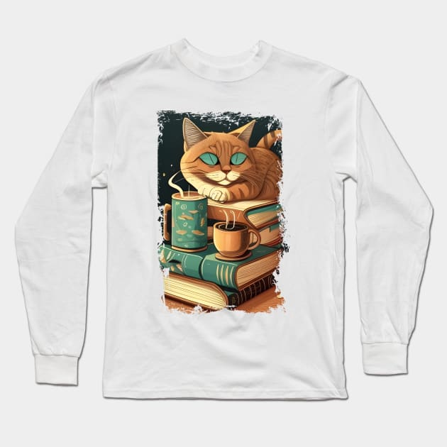 Funny Cat Coffee Reading Book, Catpuccino - Love Cats Long Sleeve T-Shirt by Danielle Shipp